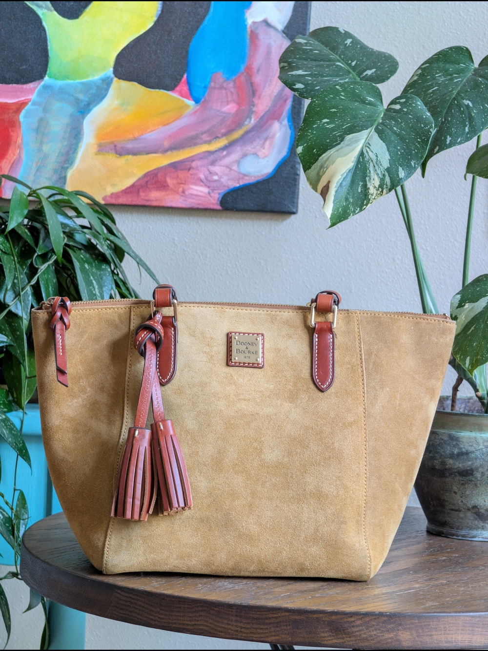 Dooney & Bourke Maxine Chamois Yellow Suede Tote Bag - Picture 3 of 14